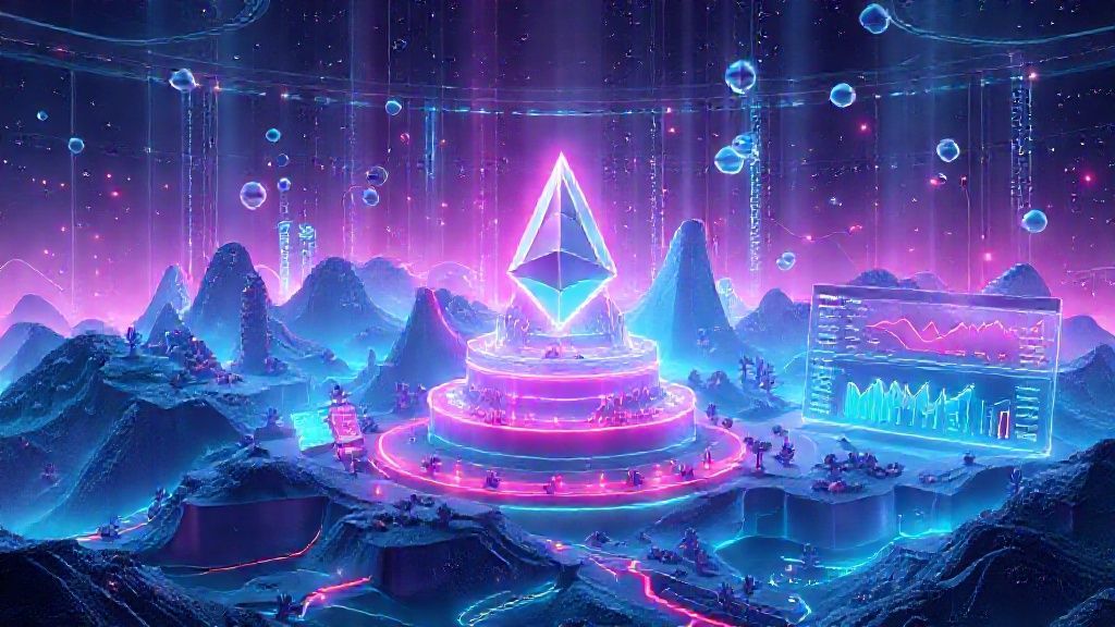 Ethereum as the backbone of DeFi with smart contracts, staking, and analytics in a futuristic interface